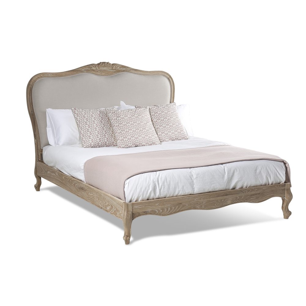 French Weathered Limed Oak Upholstered Low Foot Board Bed - Super King Size - Carved Headboard