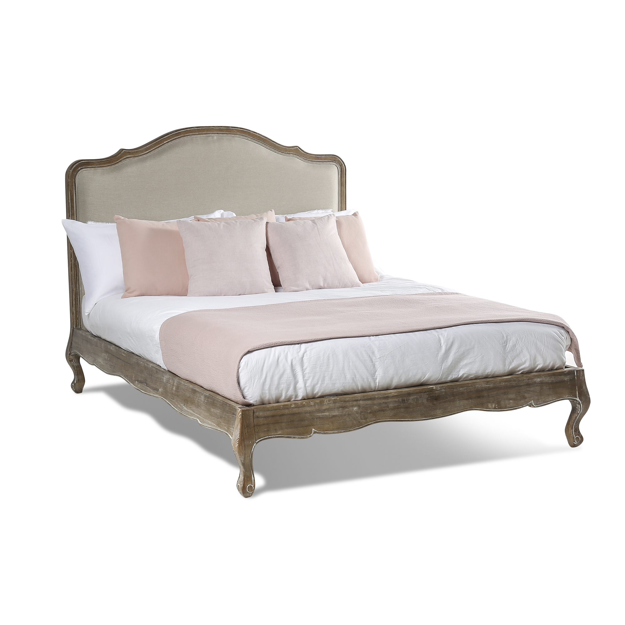 Eloise French Weathered Limed Ash Upholstered Low Foot Board Bed – King Size