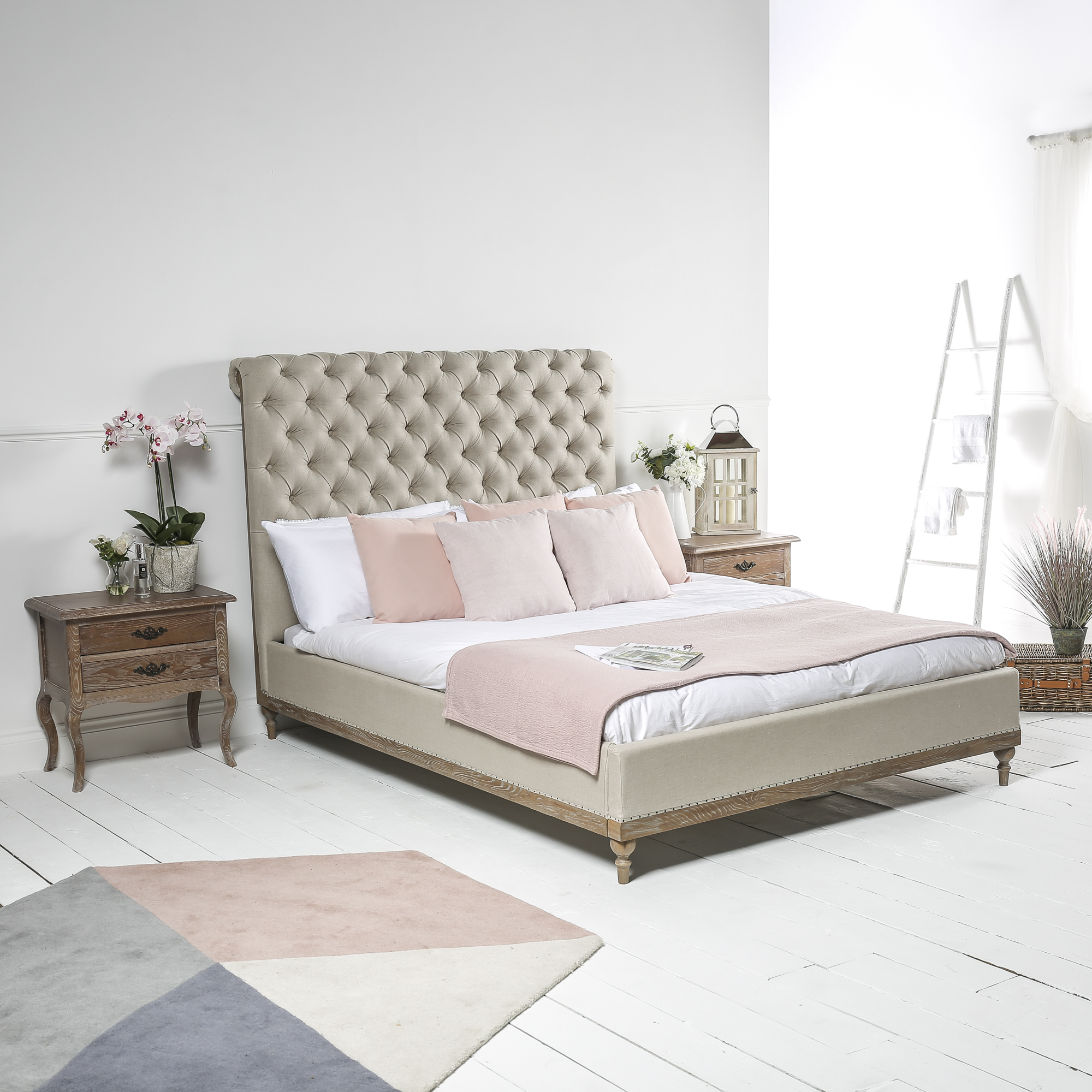 Limed Ash Linen Chesterfield Double Bed with Low Foot Board