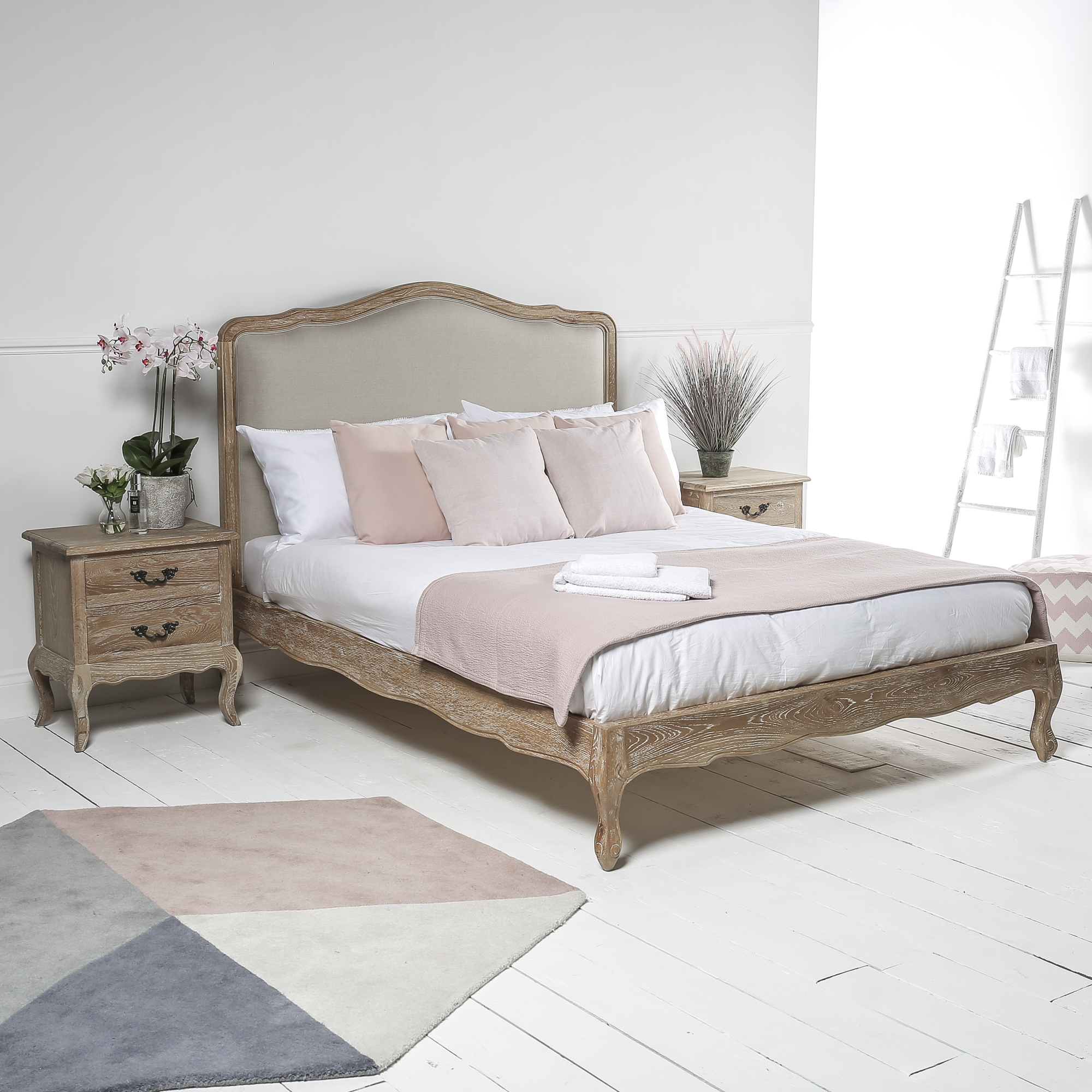 Clementine French Weathered Whitewash Oak Upholstered Low Foot Board Bed – Super King Size