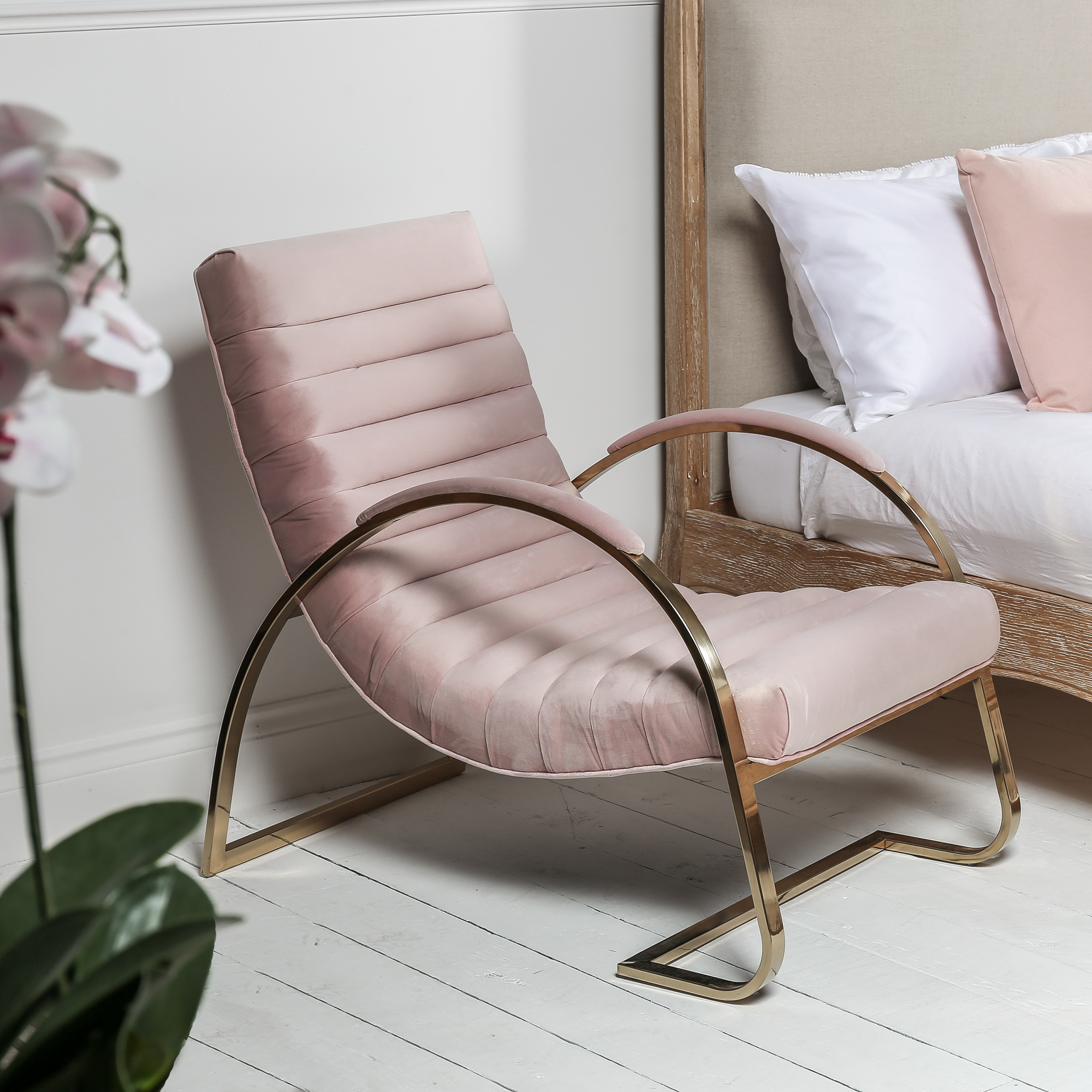 pink  gold brushed velvet bedroom armchair  lounger