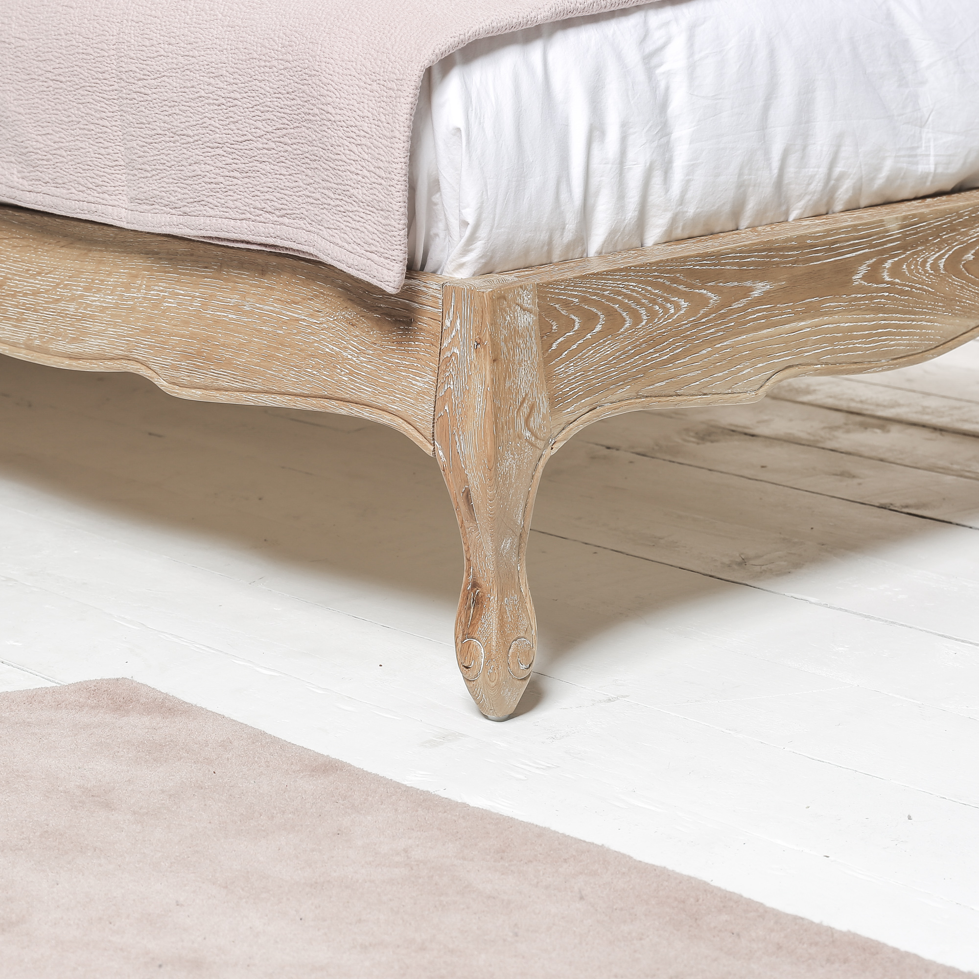 Clementine French Weathered Whitewash Oak Upholstered Low Foot Board Bed – Super King Size