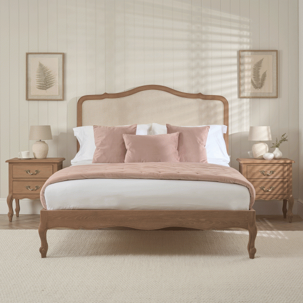 Eloise Limed Ash Upholstered Low Foot Board Bed – Double Size