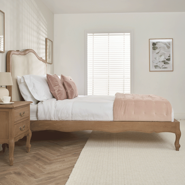 Eloise Limed Ash Upholstered Low Foot Board Bed – Double Size