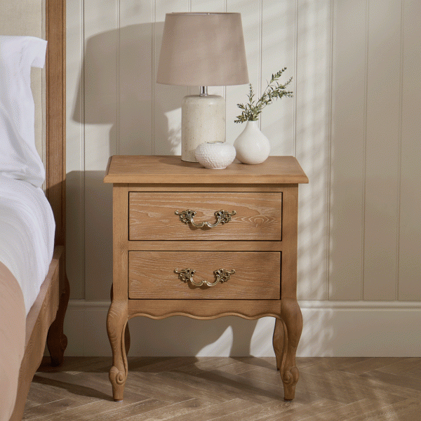 French Weathered Limed Ash Two Drawer Bedside Table