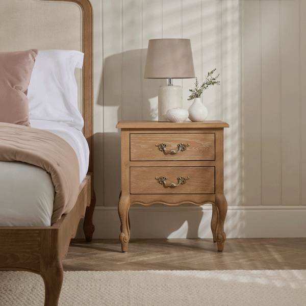 French Weathered Limed Ash Two Drawer Bedside Table