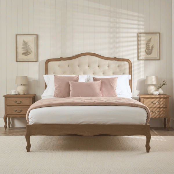 Eloise Limed Ash Upholstered Button Low Foot Board Bed – King Size