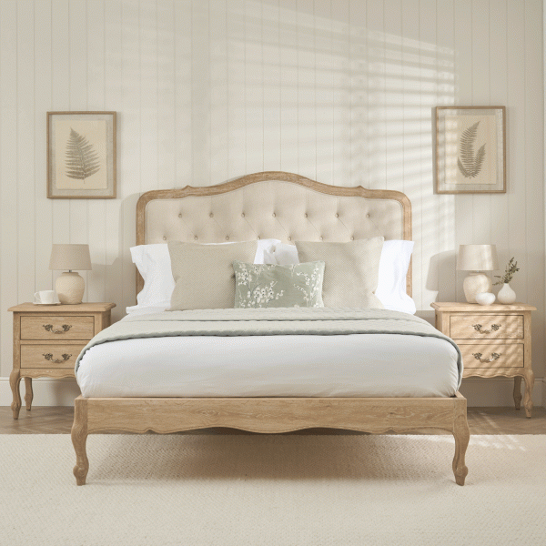 Eléa French Limed Oak Upholstered Button Back Low Foot Board Bed – King Size