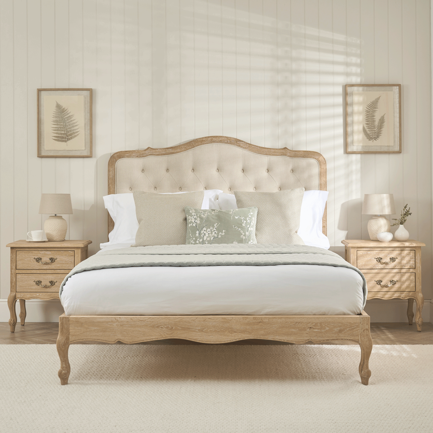 Eléa French Limed Oak Upholstered Button Back Low Foot Board Bed - King Size