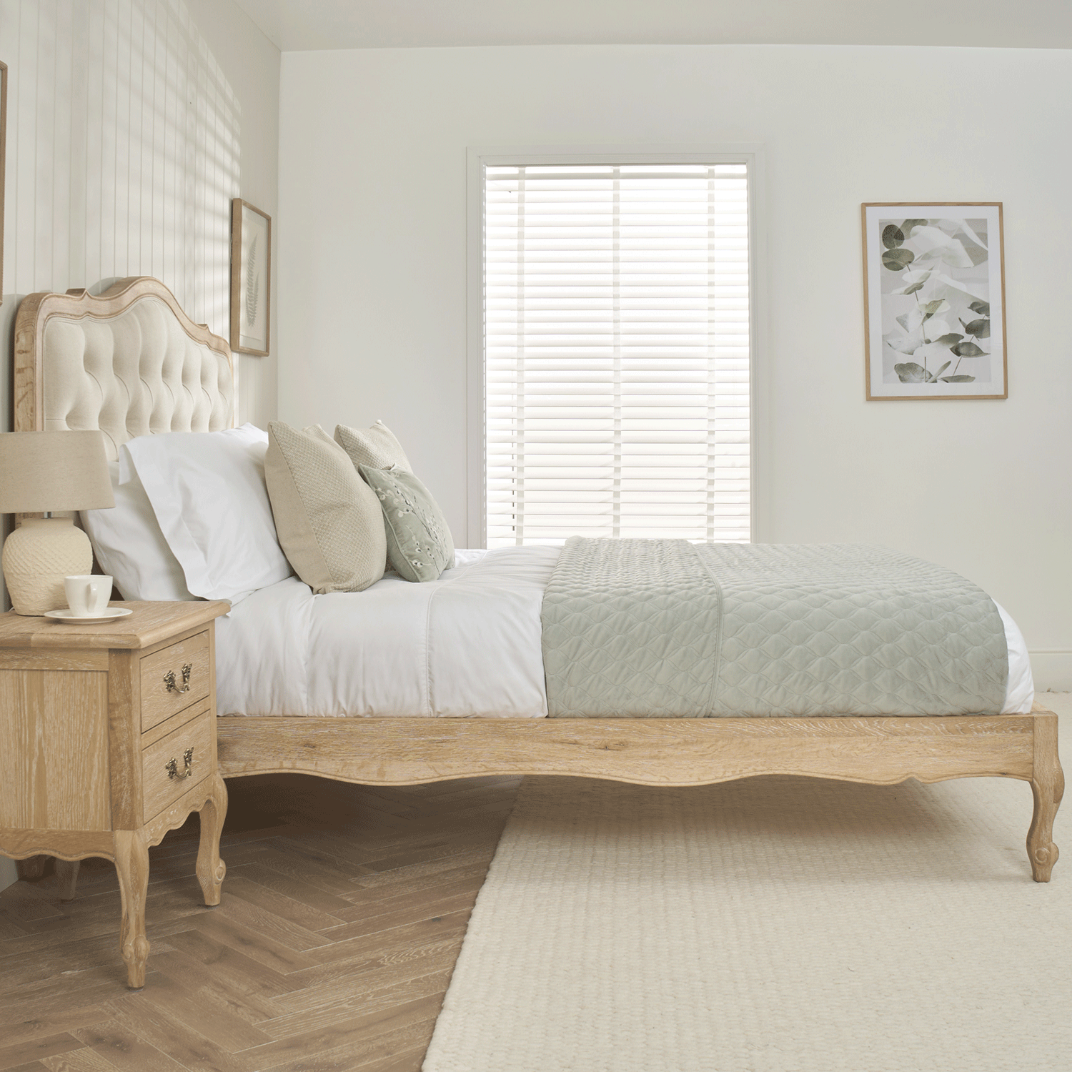 Eléa French Limed Oak Upholstered Button Back Low Foot Board Bed - King Size - Image 2