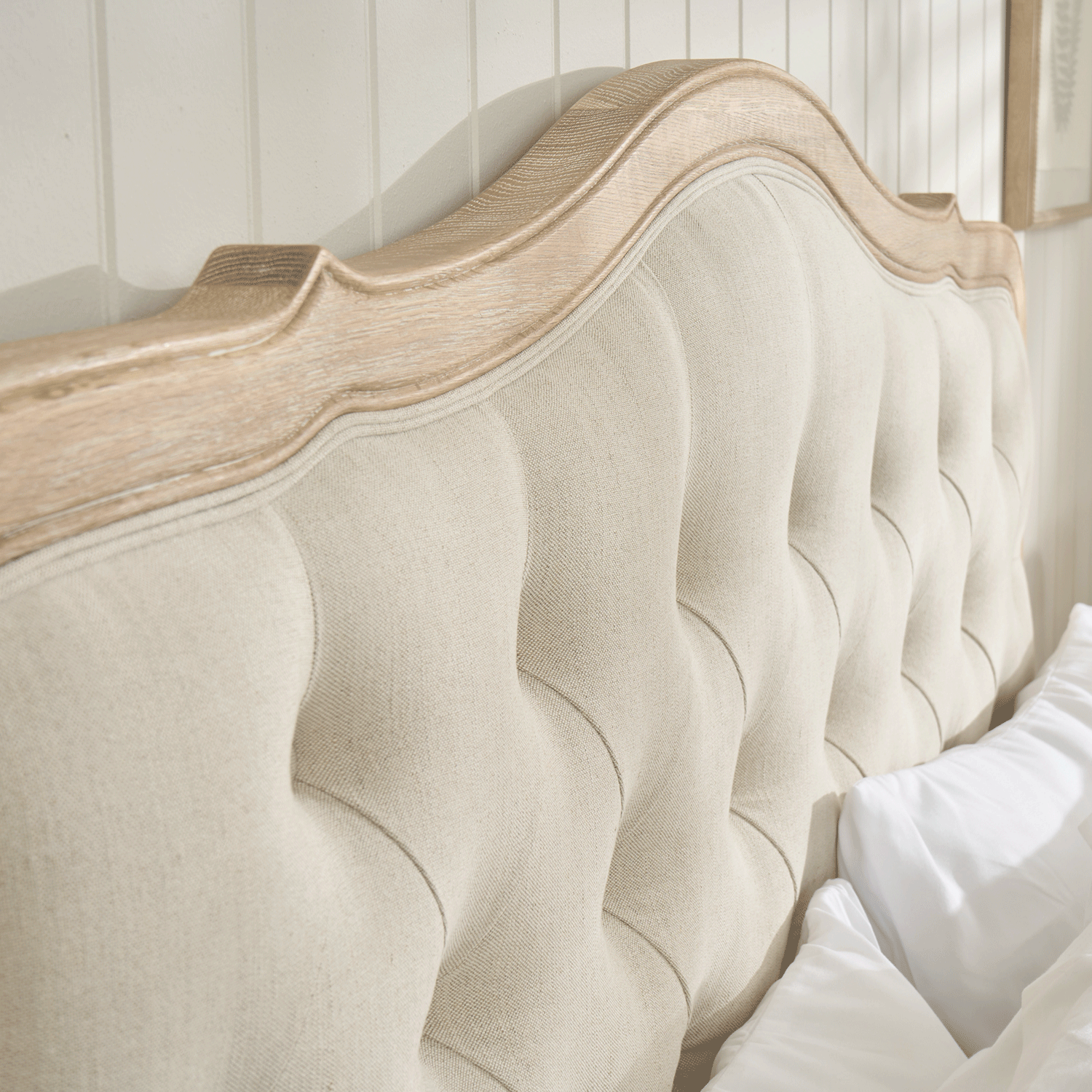 Eléa French Limed Oak Upholstered Button Back Low Foot Board Bed - King Size - Image 3