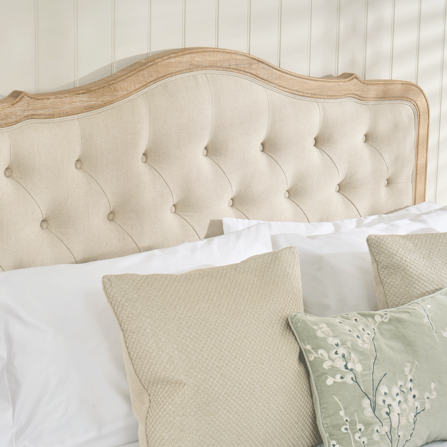 Eléa French Limed Oak Upholstered Button Back Low Foot Board Bed - King Size - Image 4