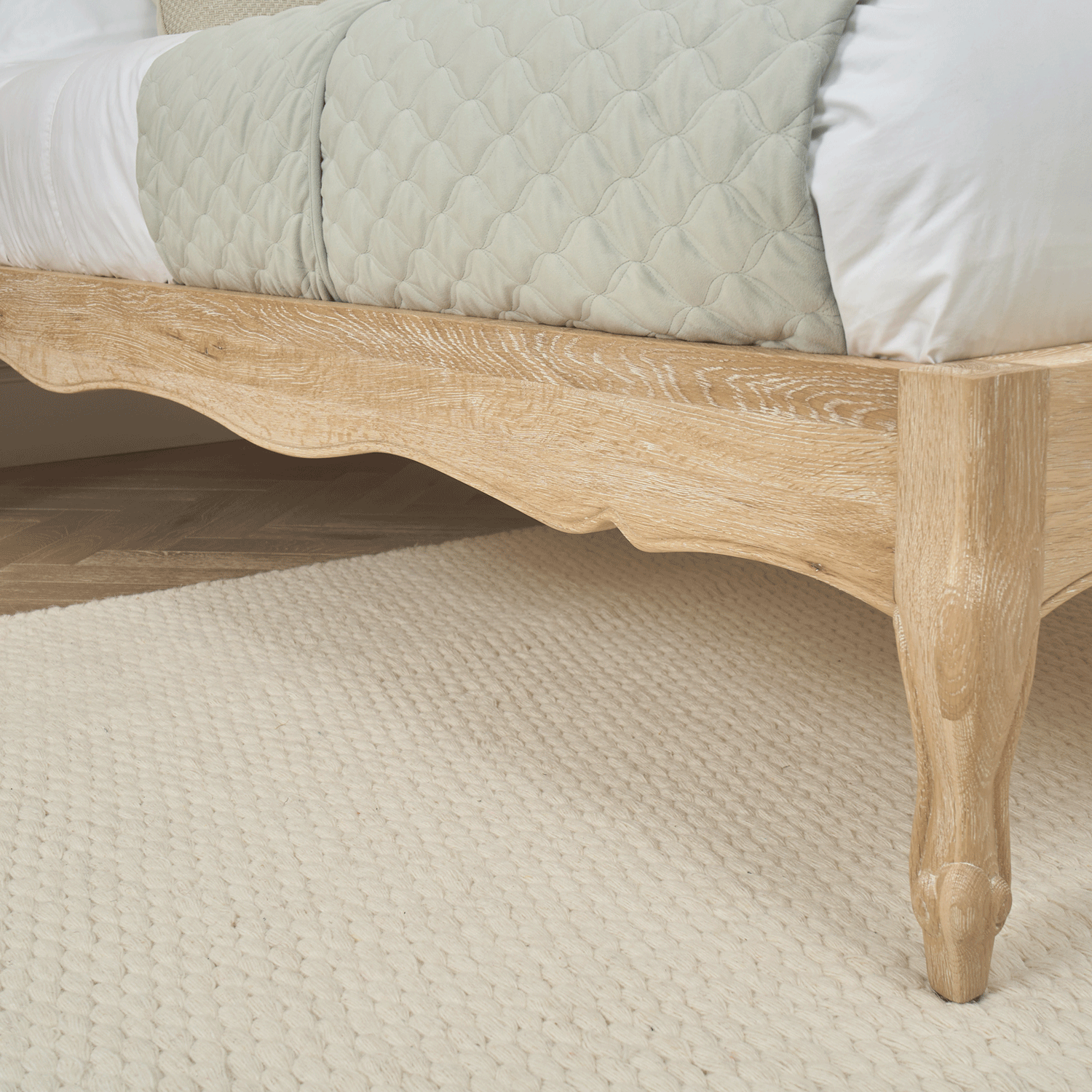 Clementine Whitewash Oak Upholstered Low Foot Board Bed - Super King - Image 4