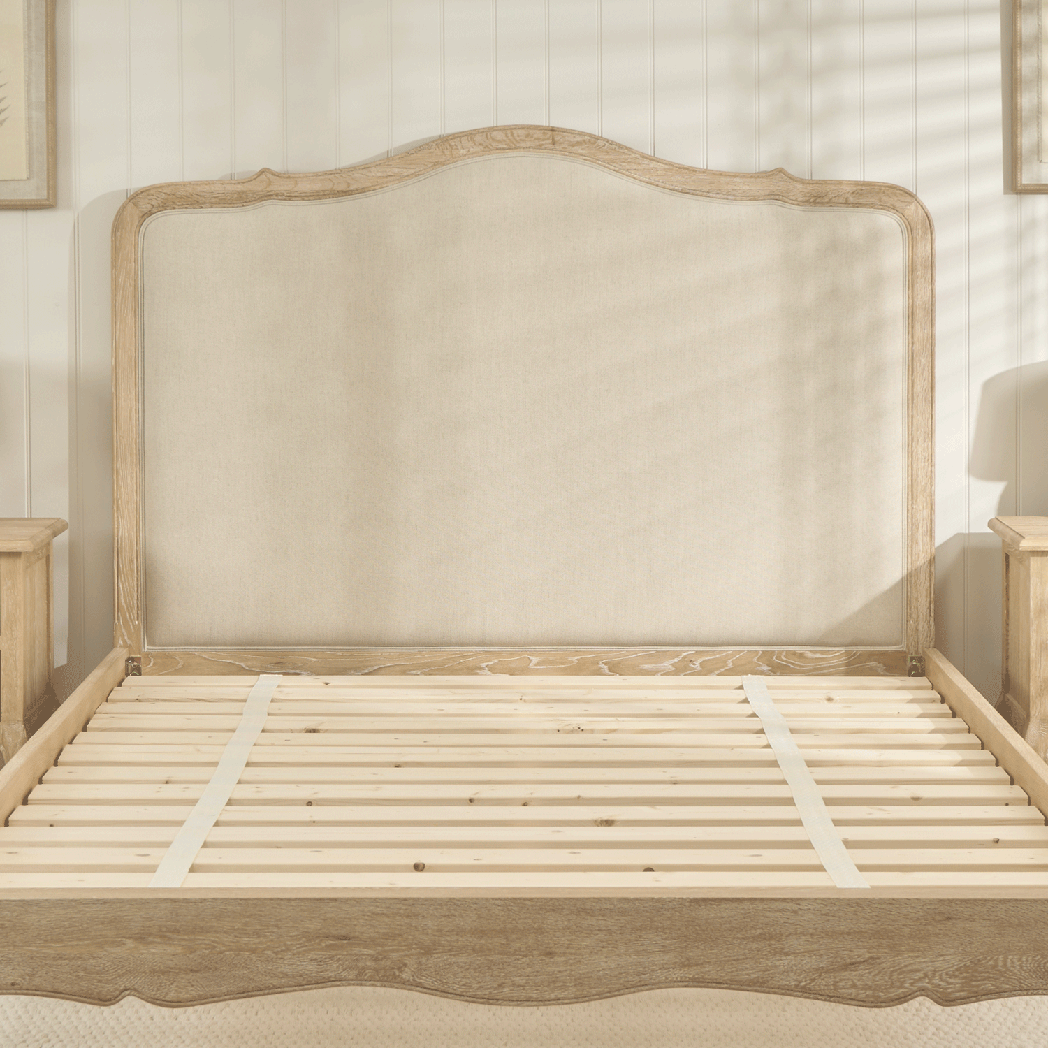 Clementine Whitewash Oak Upholstered Low Foot Board Bed - Super King - Image 9