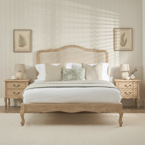 Clementine Whitewash Oak Upholstered Low Foot Board Bed – Double