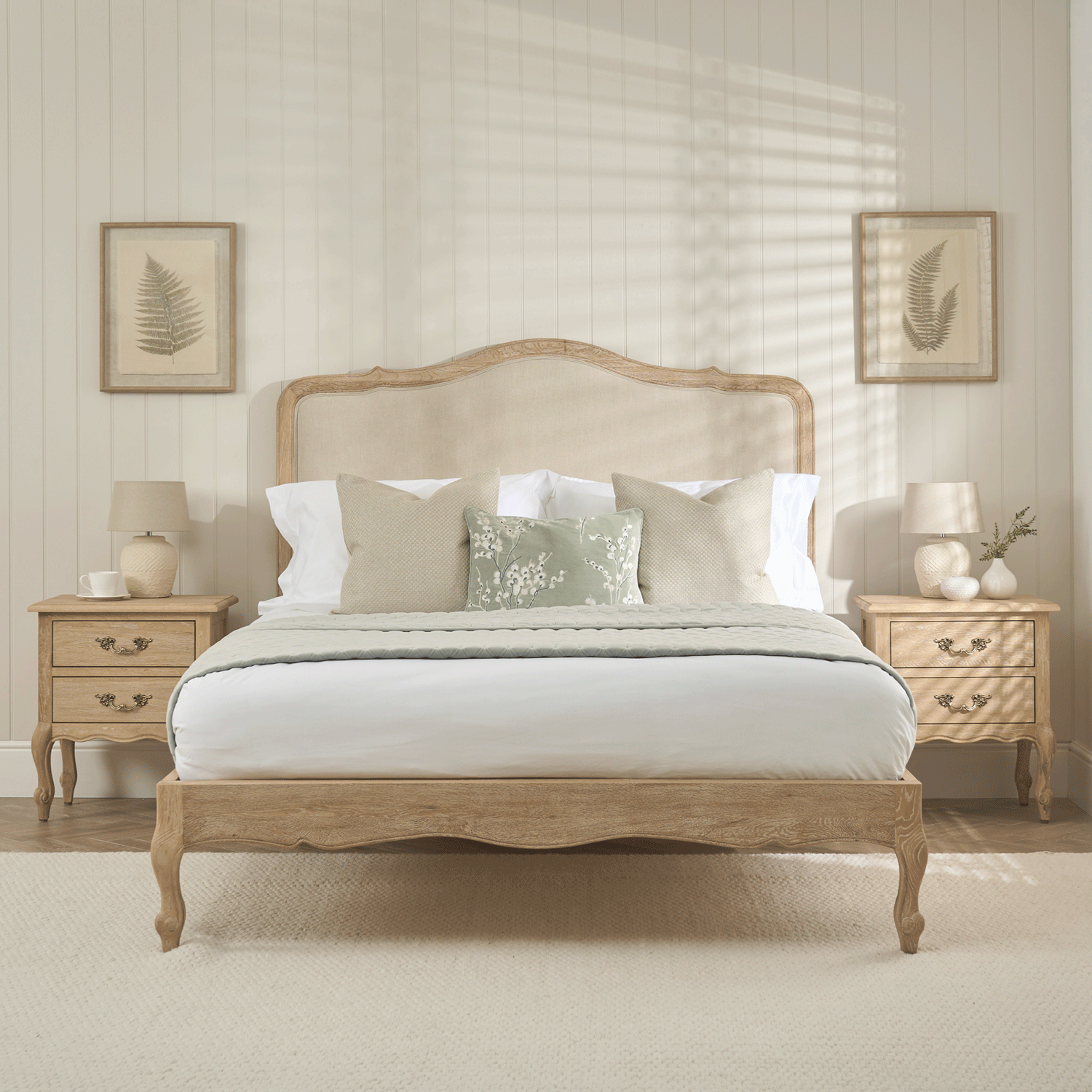 Clementine Whitewash Oak Upholstered Low Foot Board Bed - Super King