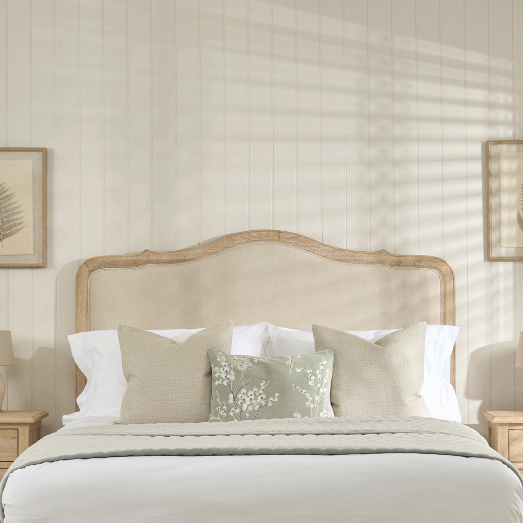 Clementine French Whitewash Oak Upholstered Divan Base Headboard - King