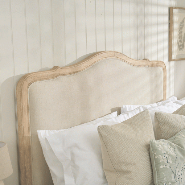 Clementine French Whitewash Oak Upholstered Divan Base Headboard – King