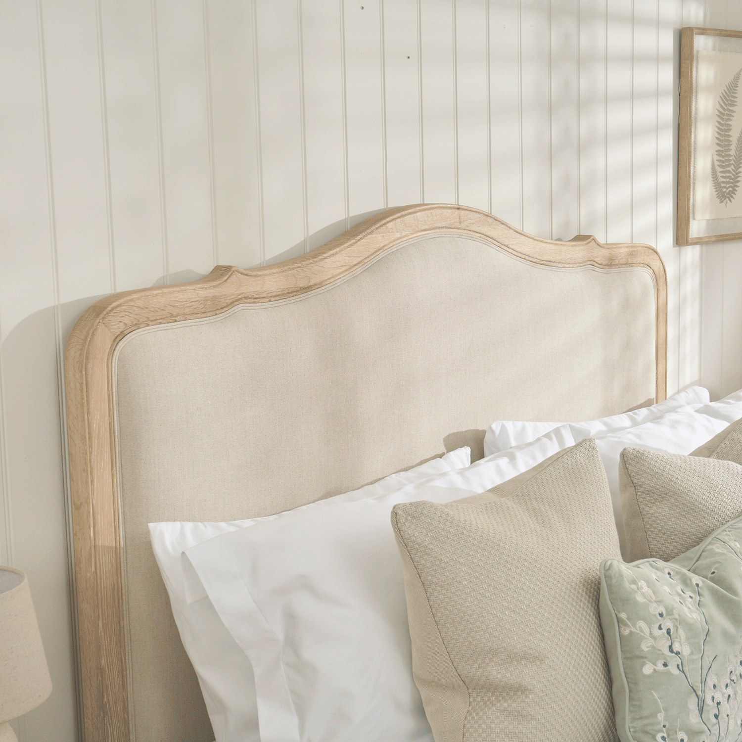 Clementine Whitewash Oak Upholstered Low Foot Board Bed - Super King - Image 5