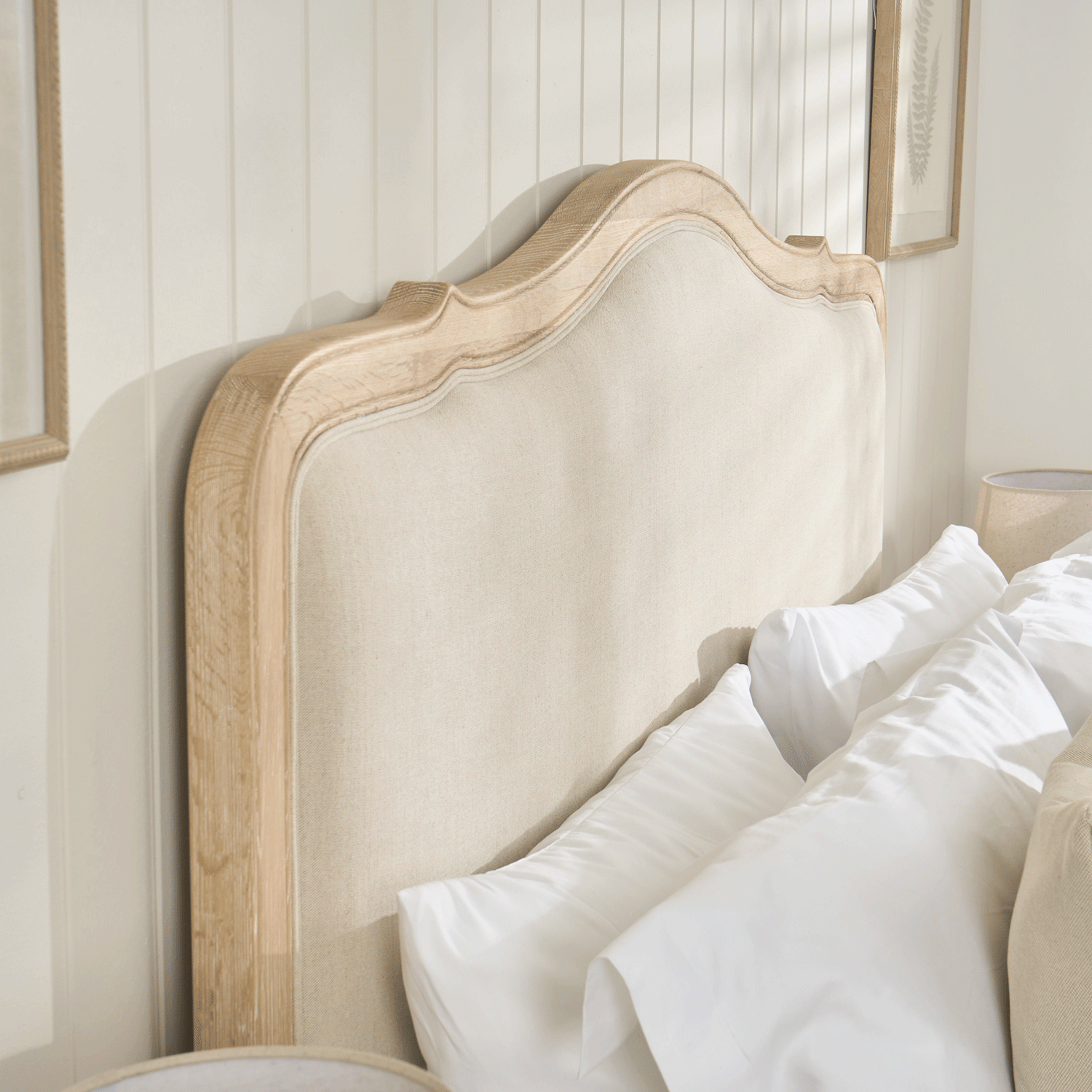 Clementine Whitewash Oak Upholstered Low Foot Board Bed - Super King - Image 6