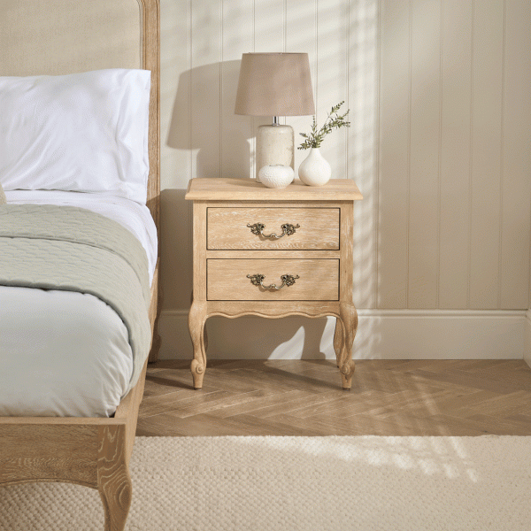 French Limed Oak Louis Two Drawer Bedside Table