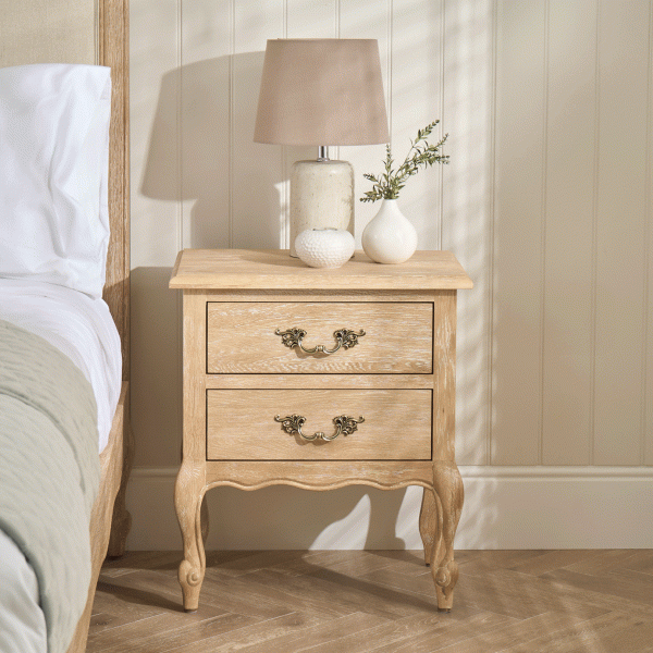 French Limed Oak Louis Two Drawer Bedside Table