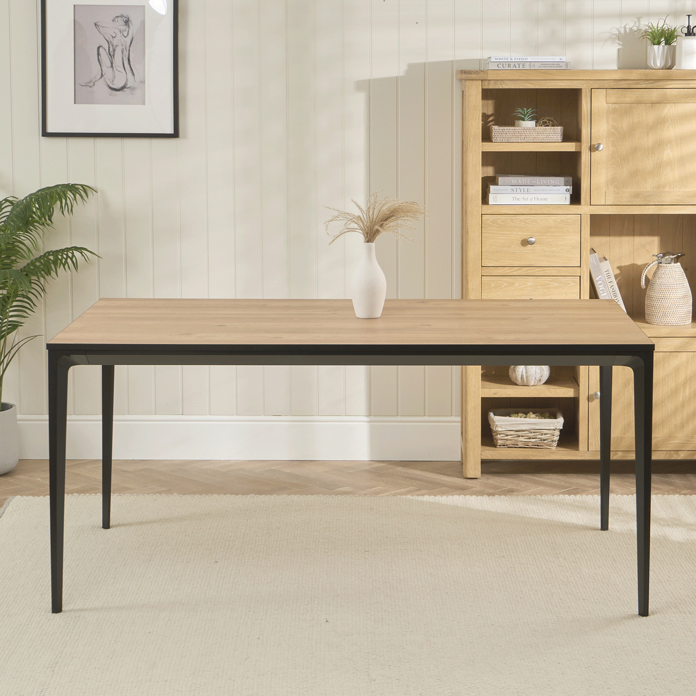 Bellagio 160cm Natural Oak Melamine Dining Table with Black Contemporary Base - Image 3