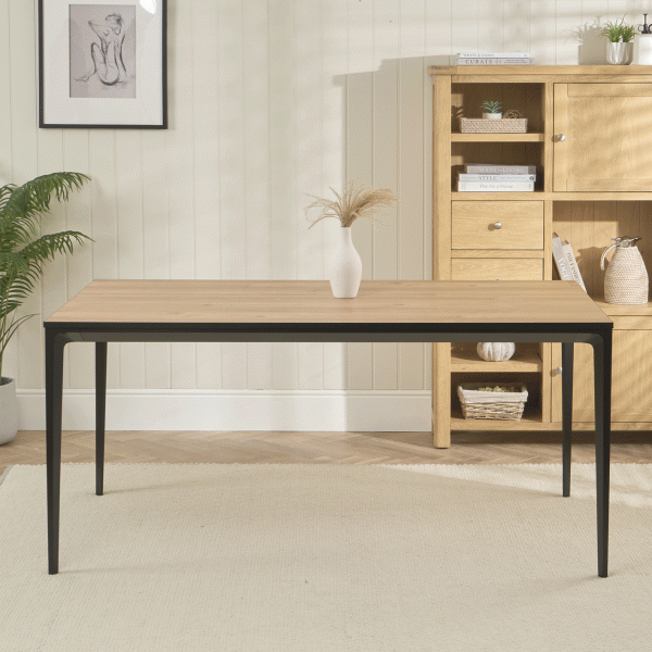 Bellagio 160cm Natural Oak Melamine Dining Table with Black Contemporary Base