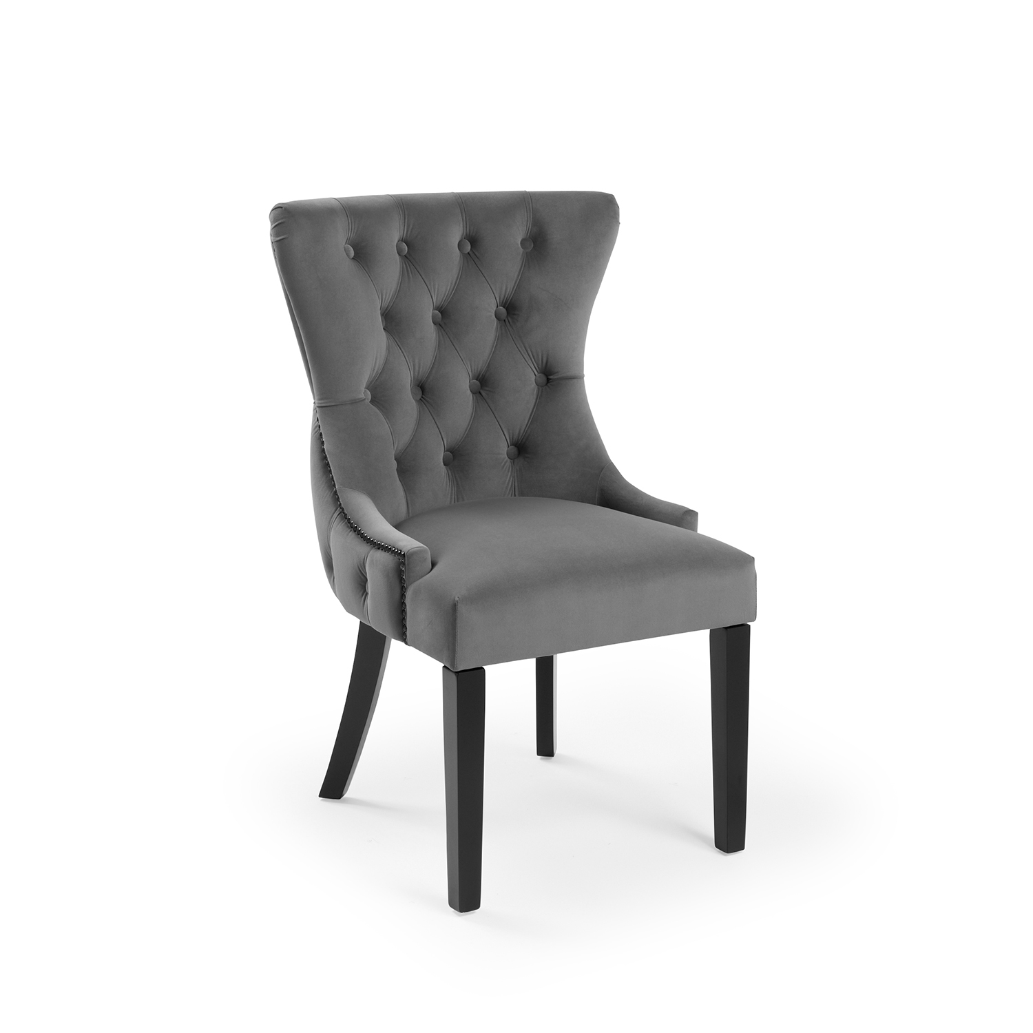 New Knightsbridge Grey Velvet Upholstered Chair With Button Tufted Detailing – Black Studs