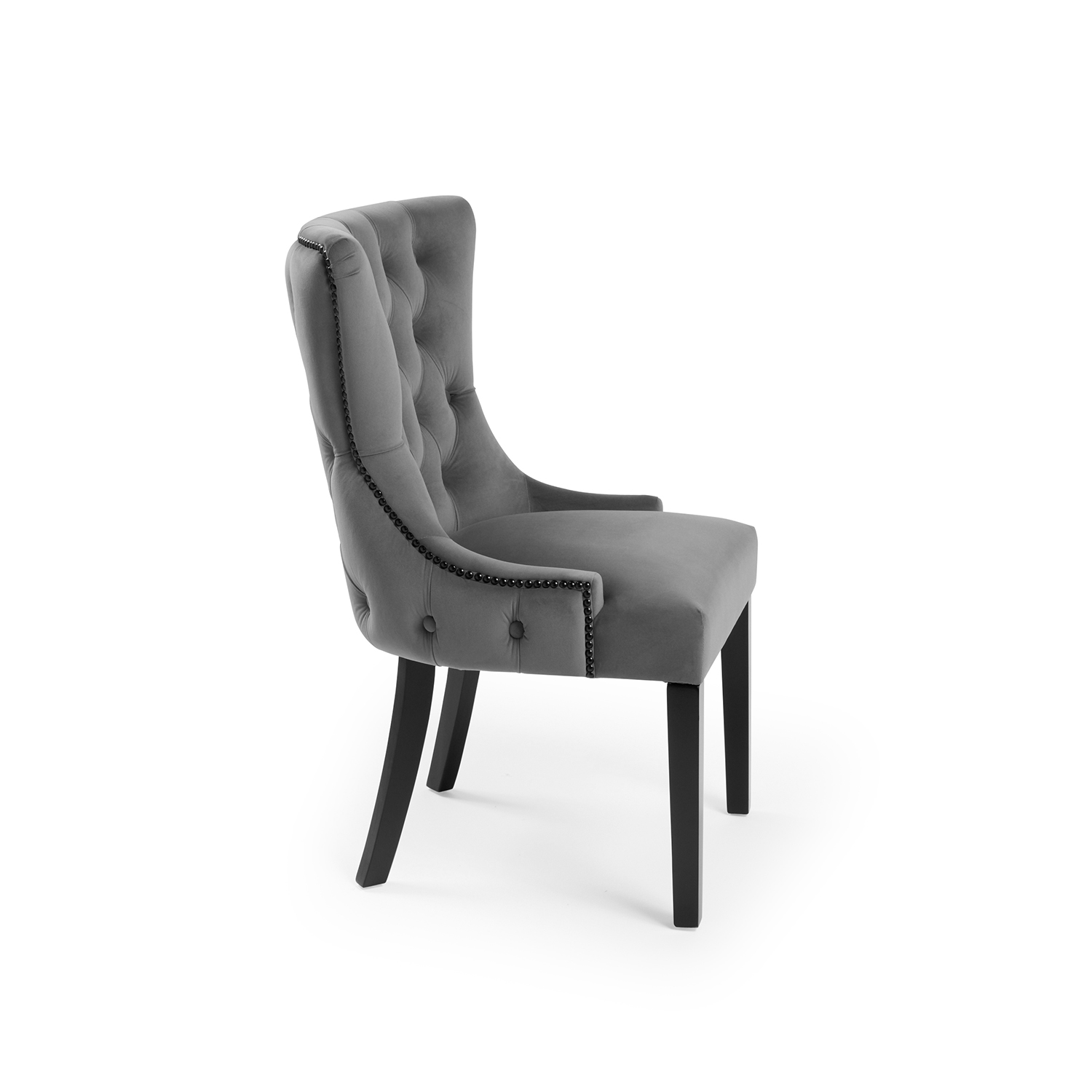 New Knightsbridge Grey Velvet Upholstered Chair With Button Tufted Detailing – Black Studs