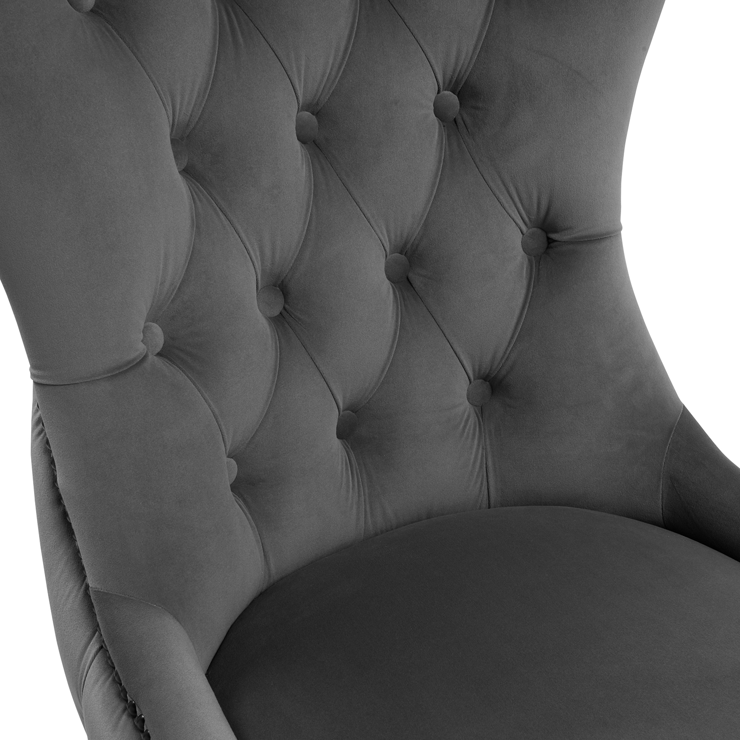 New Knightsbridge Grey Velvet Upholstered Chair With Button Tufted Detailing – Black Studs