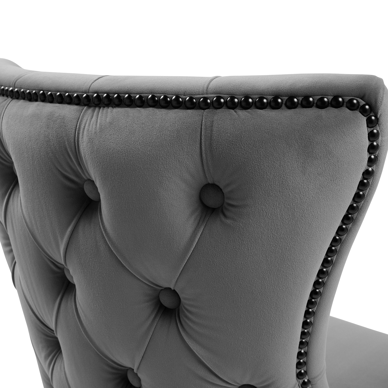 New Knightsbridge Grey Velvet Upholstered Chair With Button Tufted Detailing – Black Studs