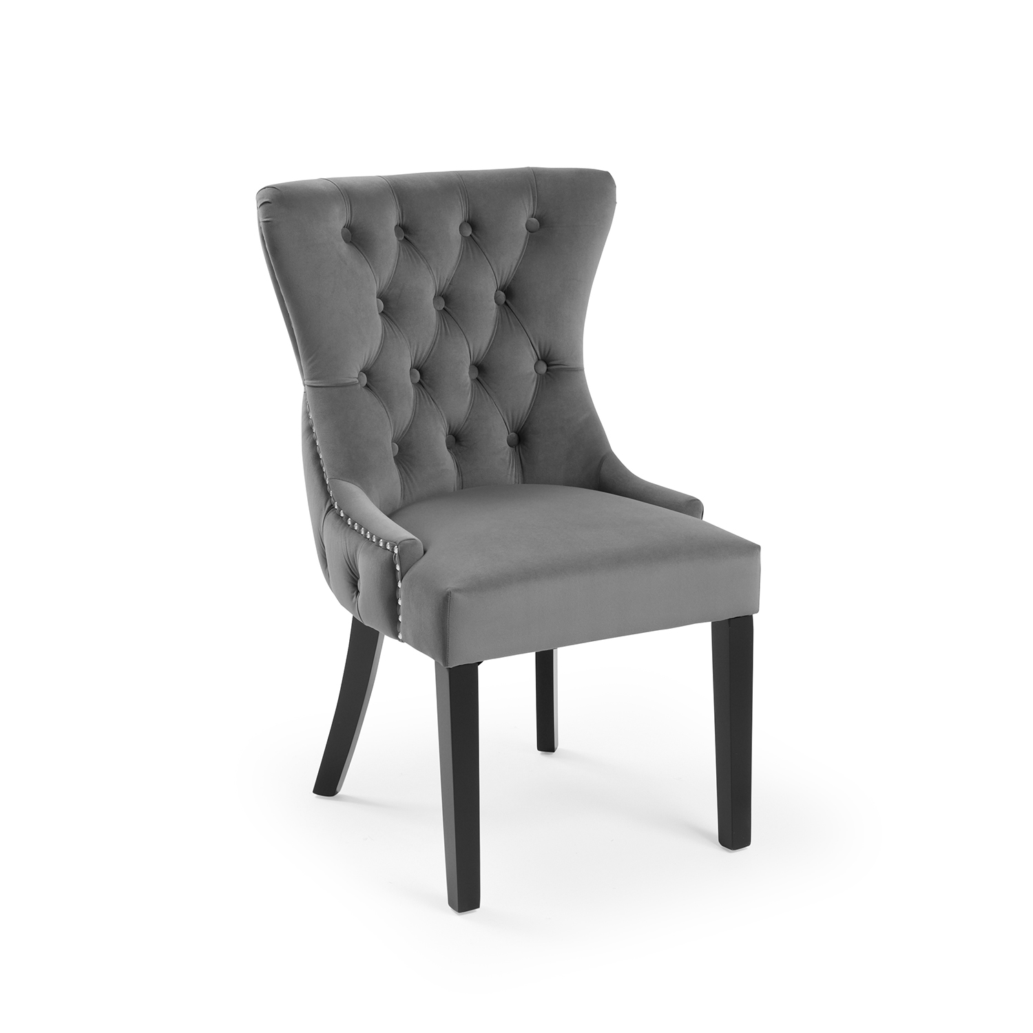 New Knightsbridge Grey Velvet Upholstered Chair With Button Tufted Detailing – Silver Studs