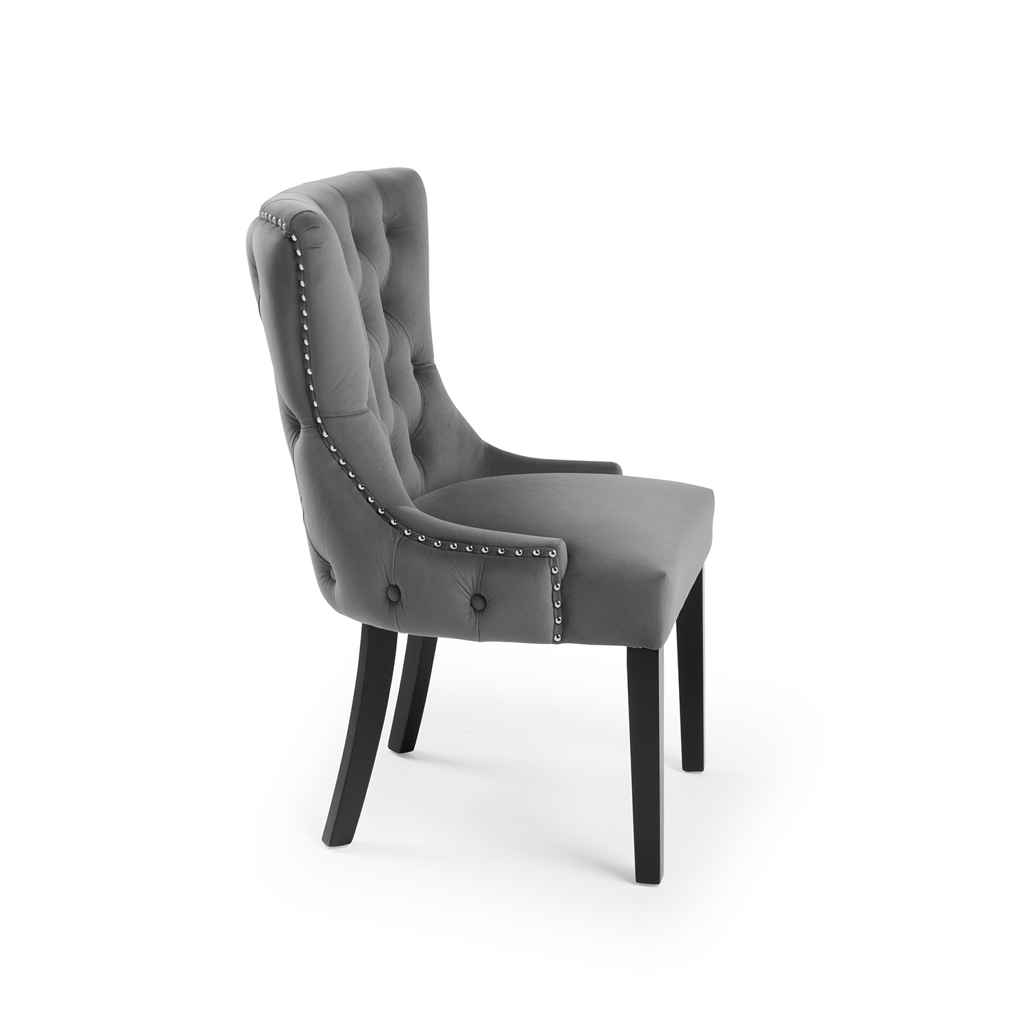 New Knightsbridge Grey Velvet Upholstered Chair With Button Tufted Detailing – Silver Studs