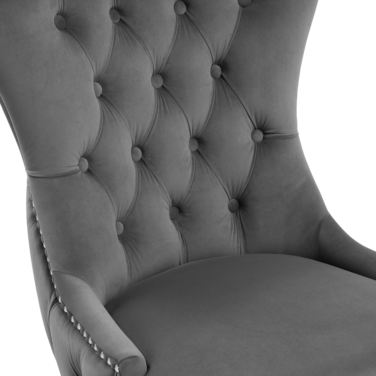 New Knightsbridge Grey Velvet Upholstered Chair With Button Tufted Detailing – Silver Studs