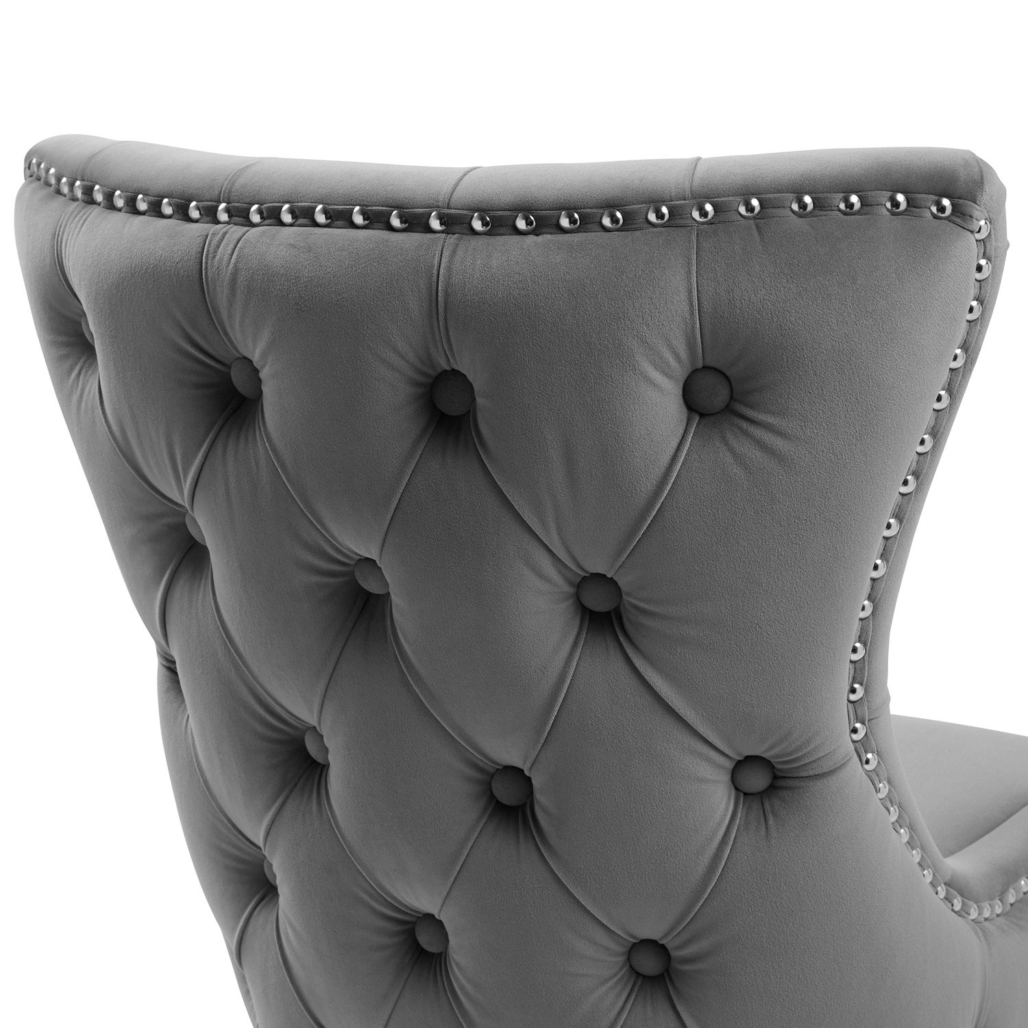 New Knightsbridge Grey Velvet Upholstered Chair With Button Tufted Detailing – Silver Studs