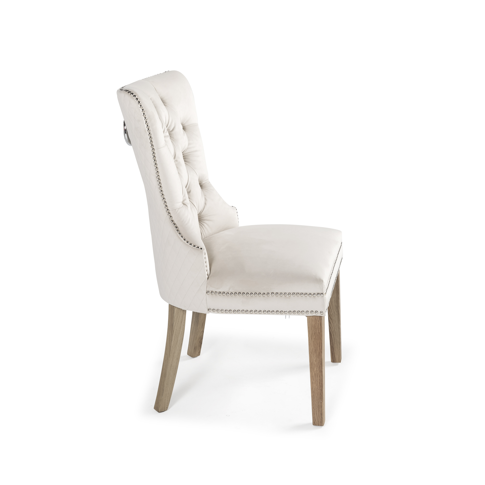 Hale Cream Quilted Brushed Velvet Studded Dining Chair with Hoop Handle – Oak Legs