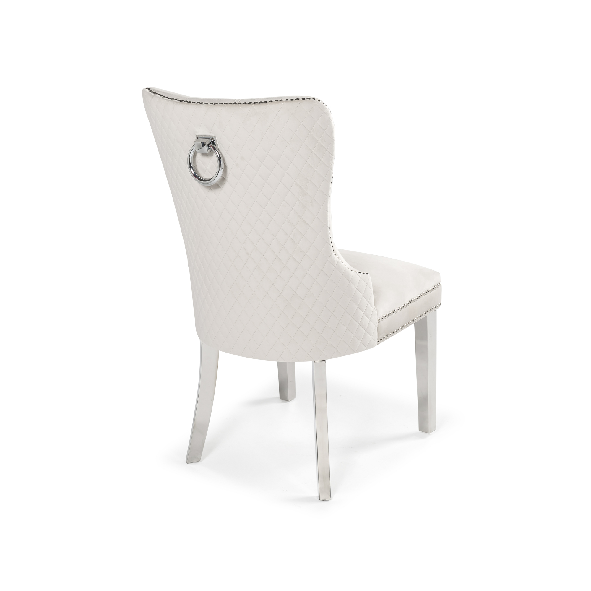 Hale Cream Quilted Brushed Velvet Studded Dining Chair with Hoop Handle – Steel Legs