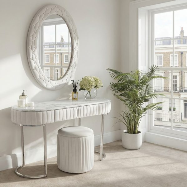 Italian Luxurious Polished Silver Framed Marble Dressing Table Set