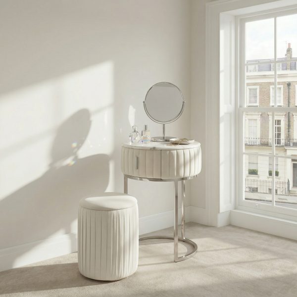 Compact Italian Polished Silver Framed Marble Dressing Table Set