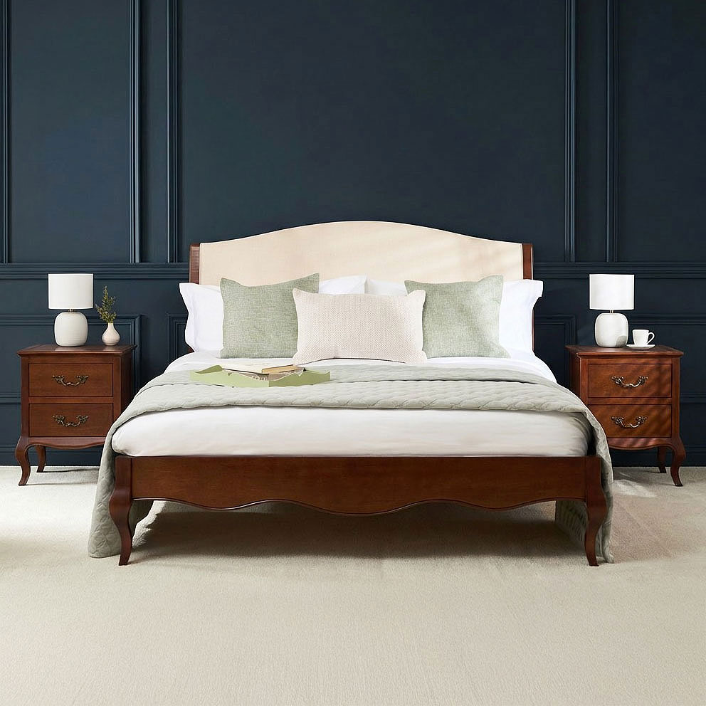 Lille French Mahogany 5ft Upholstered Low Footboard Bed with Two Matching Bedside Tables