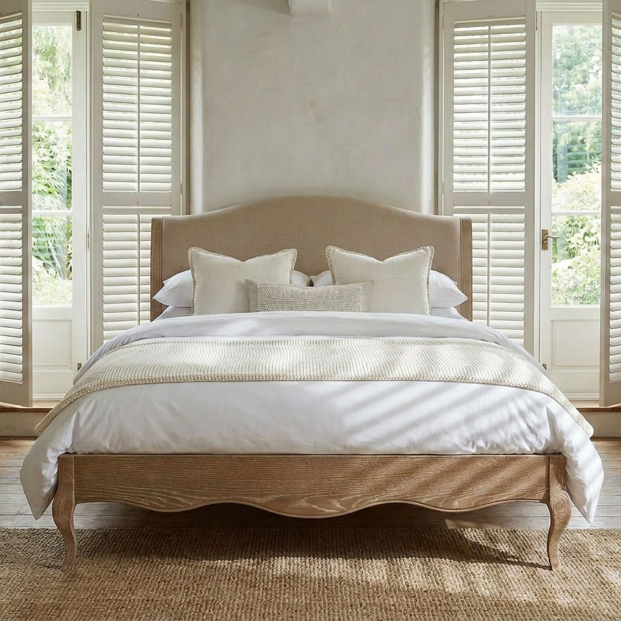 Lille French Limed Oak Upholstered Low Foot Board Bed - King Size