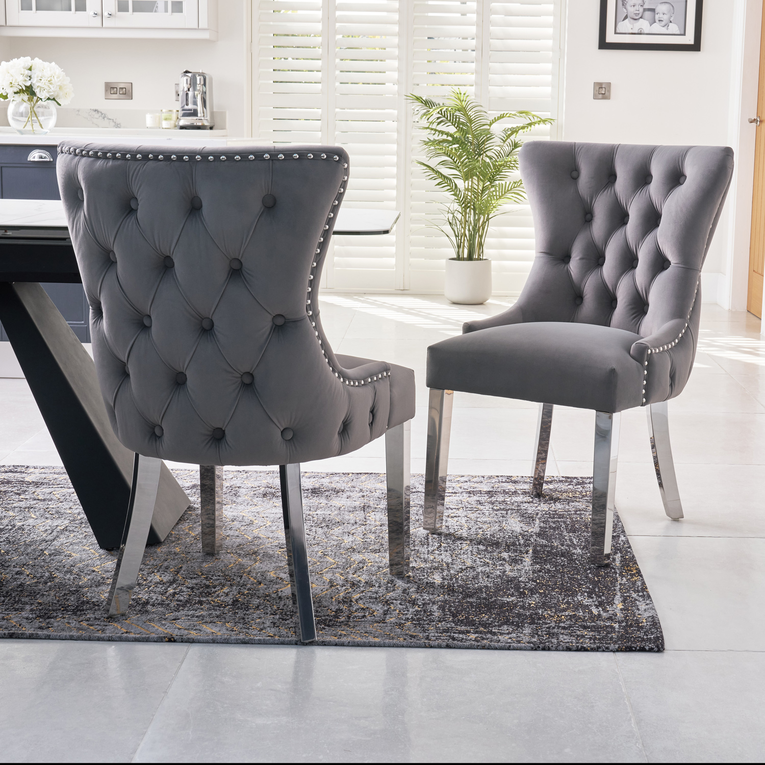 Knightsbridge Grey Velvet Upholstered Chair – Button Tufted Detailing – Polished Steel Legs