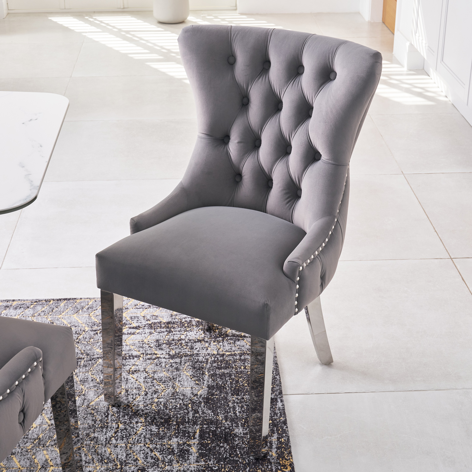 Knightsbridge Grey Velvet Upholstered Chair – Button Tufted Detailing – Polished Steel Legs
