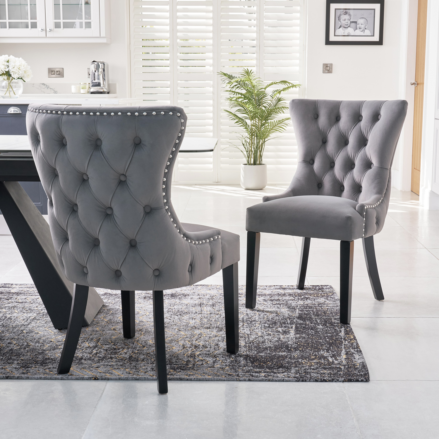 New Knightsbridge Grey Velvet Upholstered Chair With Button Tufted Detailing – Silver Studs