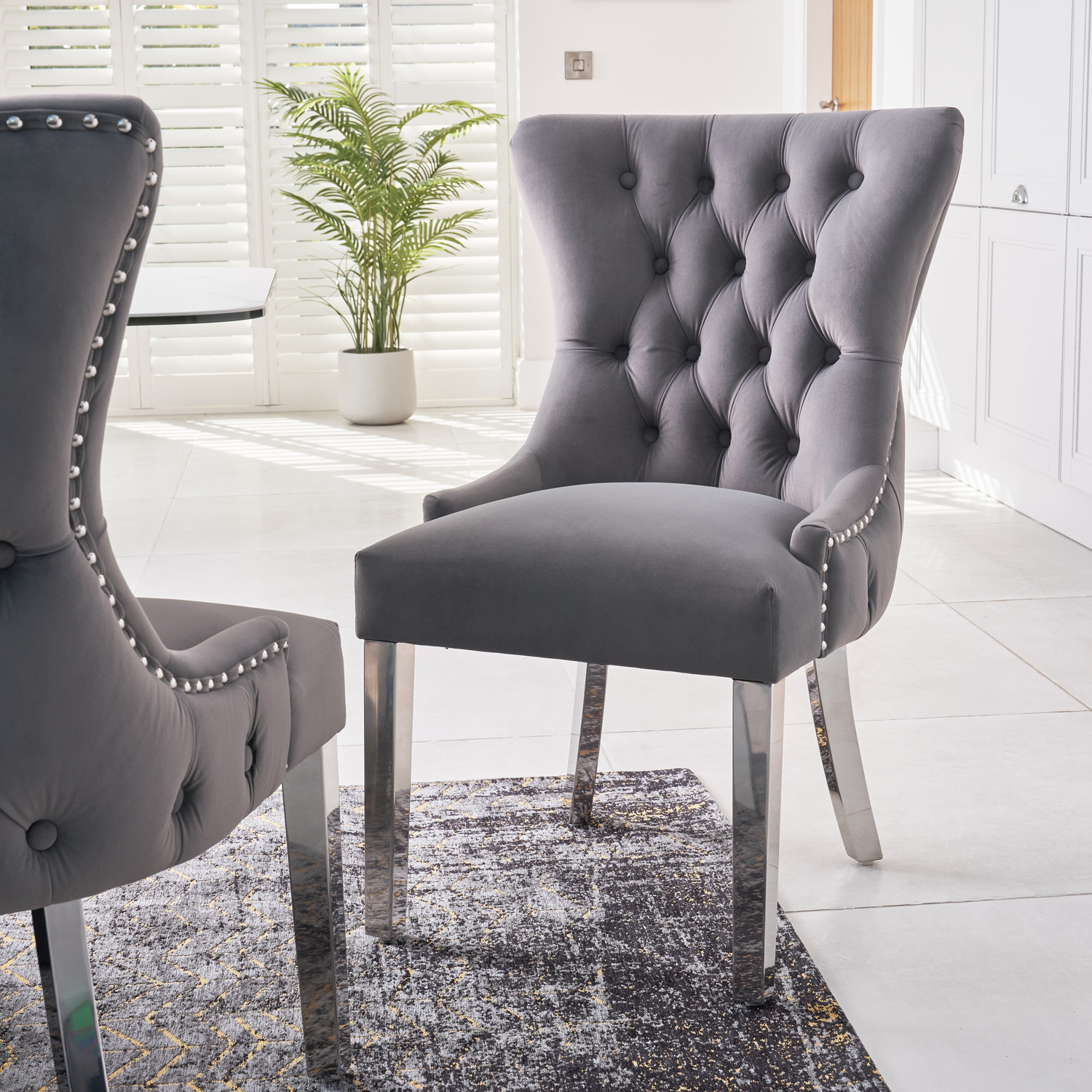 Knightsbridge Grey Velvet Upholstered Chair – Button Tufted Detailing – Polished Steel Legs