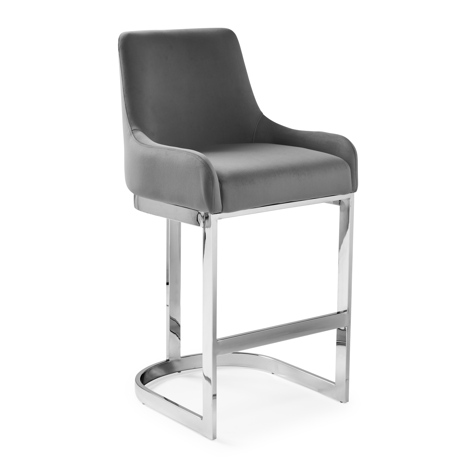 Clara Grey Velvet Kitchen Counter Stool with a Stainless Steel Frame