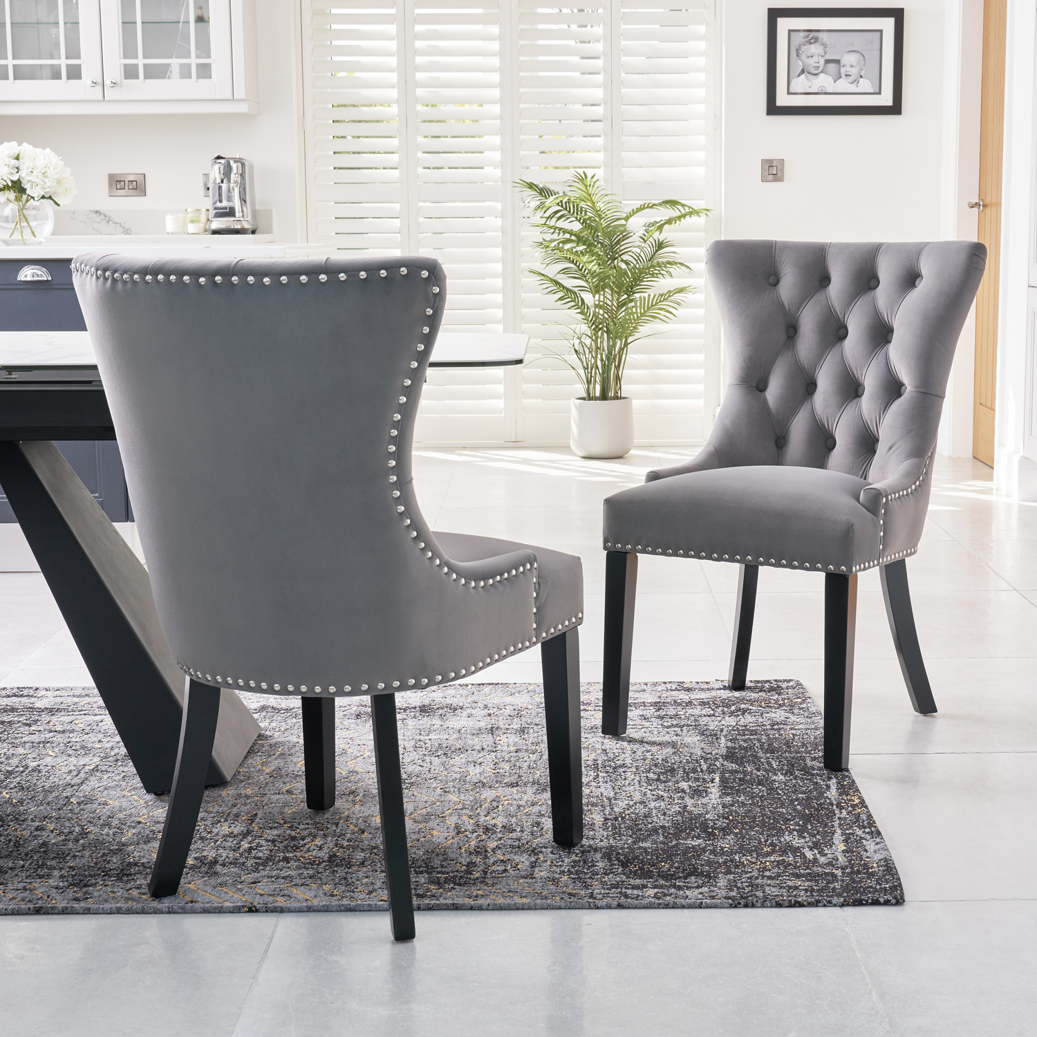 New Knightsbridge Grey Brushed Velvet Dining Chair – Silver Studs