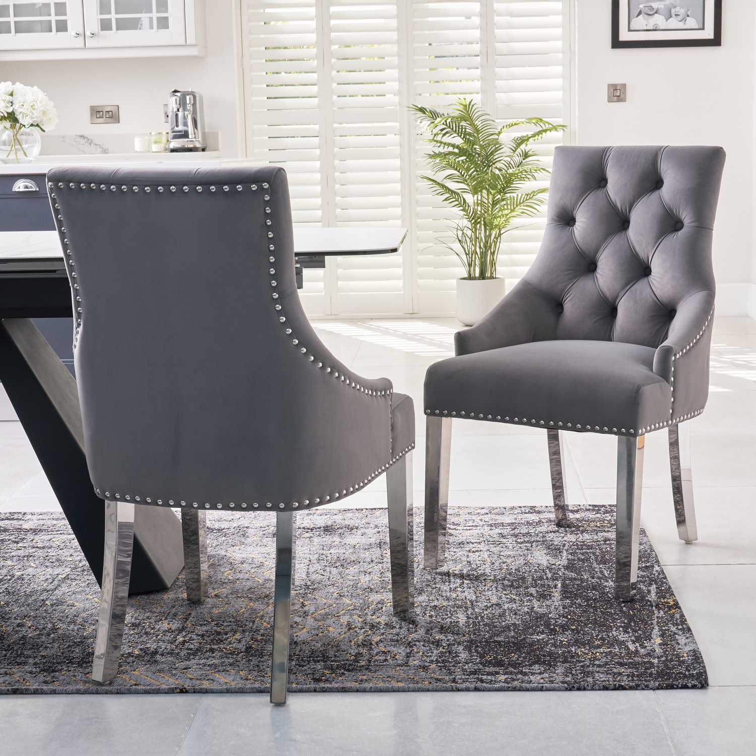 Chelsea Grey Brushed Velvet Scoop Back Dining Chair Silver Studs – Polished Steel Legs