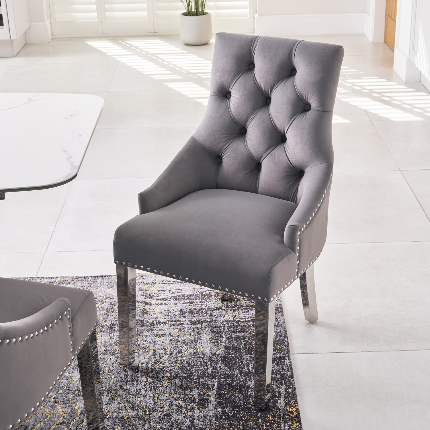 Chelsea Grey Brushed Velvet Scoop Back Dining Chair Silver Studs – Polished Steel Legs